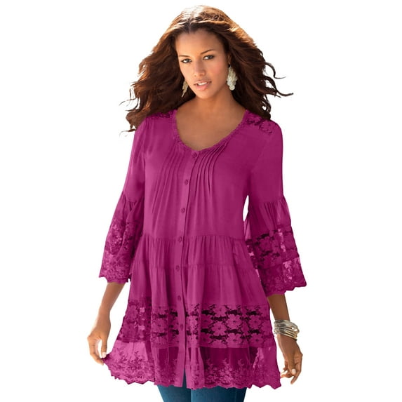 Roaman's Women's Plus Size Lace Illusion Blouse