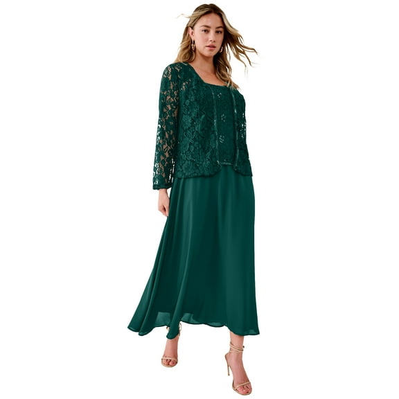 Roaman's Women's Plus Size Plus-Size 2 Piece Long Sleeve Embellished Lace Jacket And Full Gown
