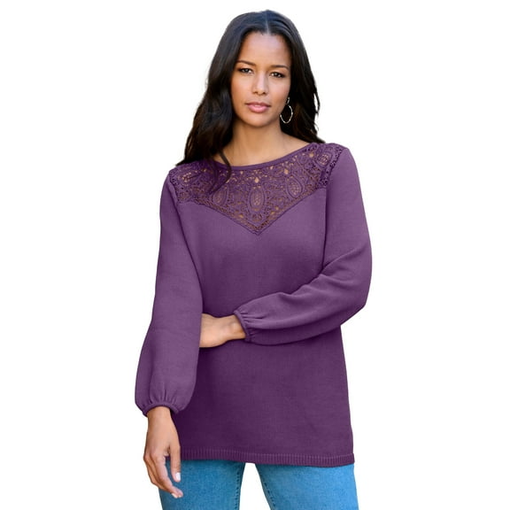 Roaman's Women's Plus Size Lace Mesh Pullover Sweater