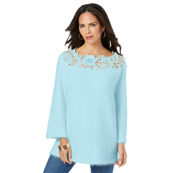 Roaman's Women's Plus Size Eyelash Lace Neck Sweater