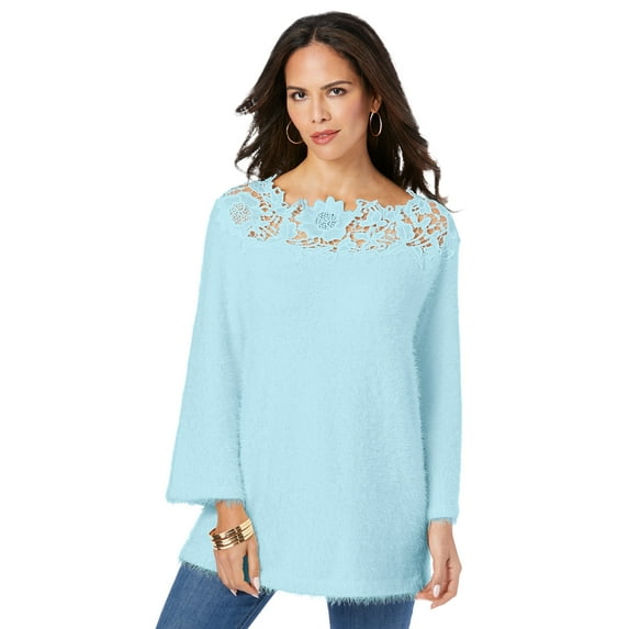 Roaman's Women's Plus Size Eyelash Lace Neck Sweater