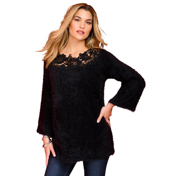 Roaman's Women's Plus Size Eyelash Lace Neck Sweater