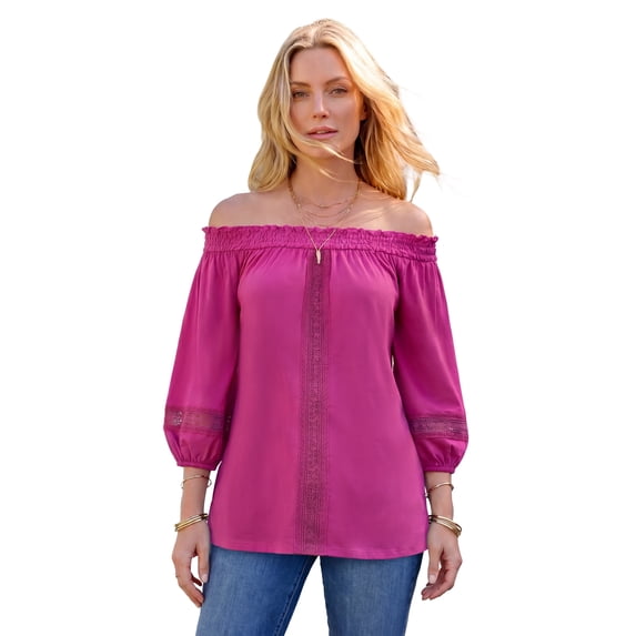 Roaman's Women's Plus Size Lace Off-The-Shoulder Blouson Sleeve Tunic