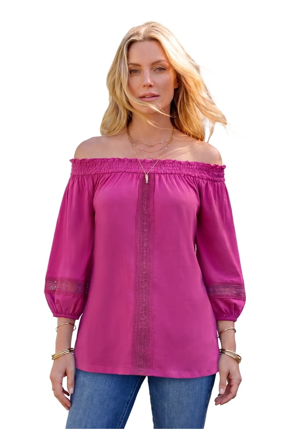 Women's Plus Size Lace Off-The-Shoulder Blouson Sleeve Tunic