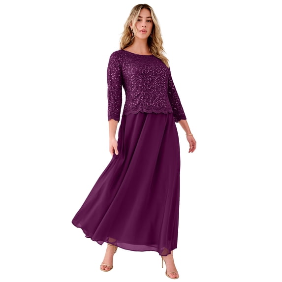 Roaman's Women's Plus Size Sequin Lace Three Quarter Sleeve A-Line Gown