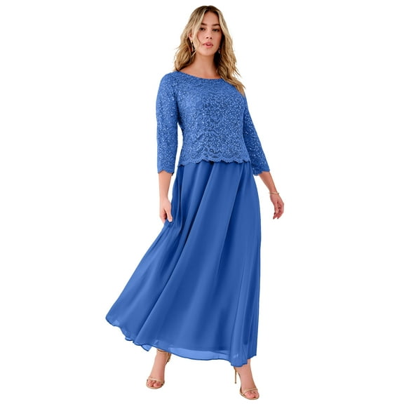 Roaman's Women's Plus Size Sparkle Lace Popover A-Line Gown With 3/4 Sleeves