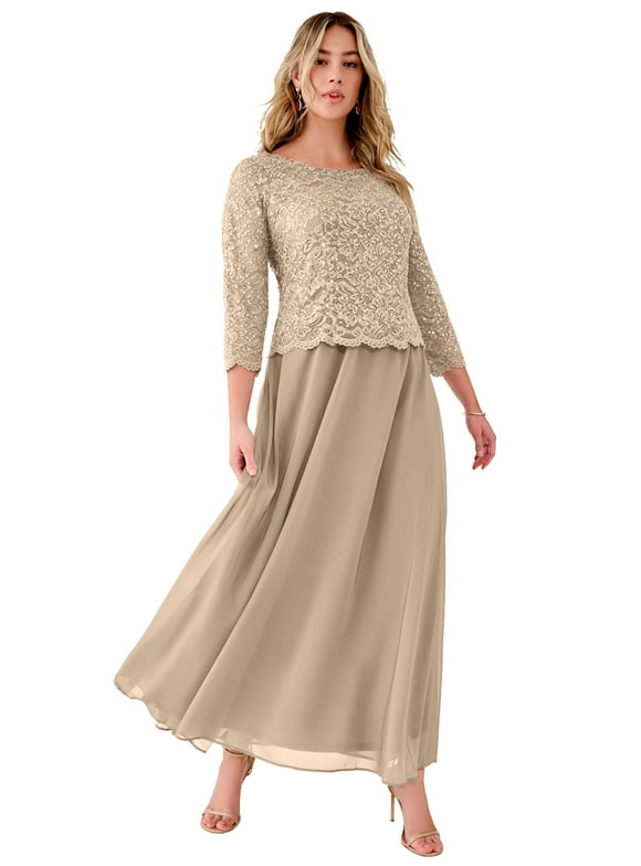 Women's Plus Size Sparkle Lace Popover A-Line Gown With 3/4 Sleeves