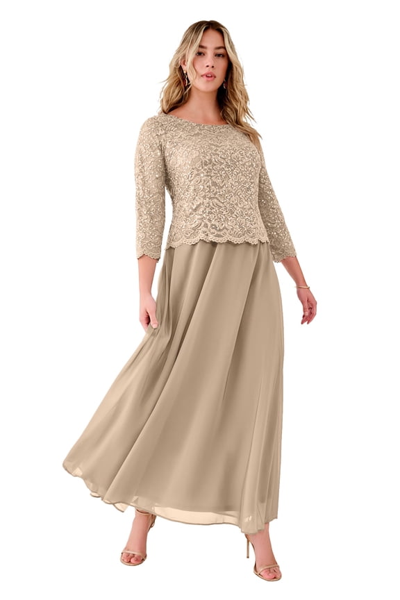 Women's Plus Size Sparkle Lace Popover A-Line Gown With 3/4 Sleeves