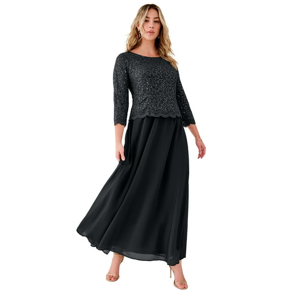 Roaman's Women's Plus Size Sparkle Lace Popover A-Line Gown With 3/4 Sleeves