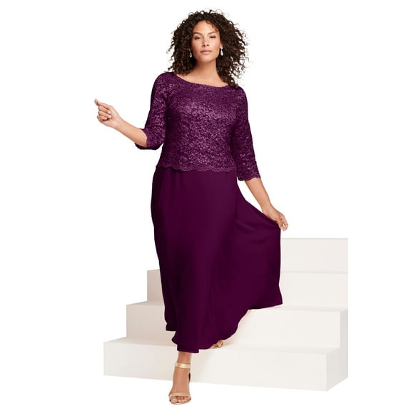 Roaman's Women's Plus Size Sparkle Lace Popover A-Line Gown With 3/4 Sleeves
