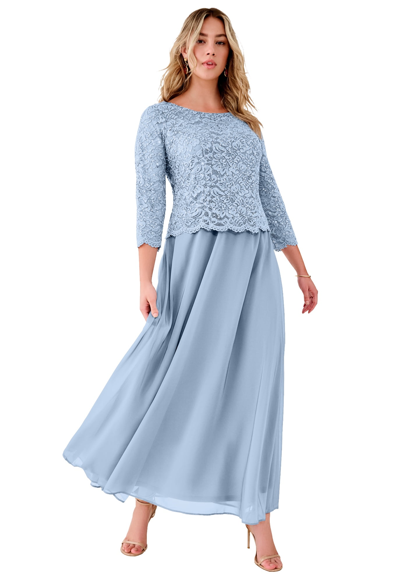 Roaman's Women's Plus Size Sparkle Lace Popover A-Line Gown With 3/4  Sleeves - Walmart Business Supplies