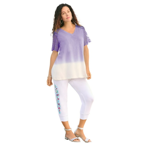 Roaman's Women's Plus Size Lace-Sleeve Ombre Slub Tee