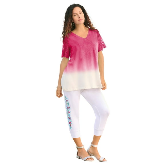 Roaman's Women's Plus Size Lace-Sleeve Ombre Slub Tee