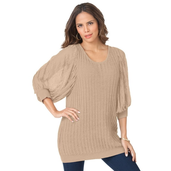 Roaman's Women's Plus Size Lace Sleeve Sweater