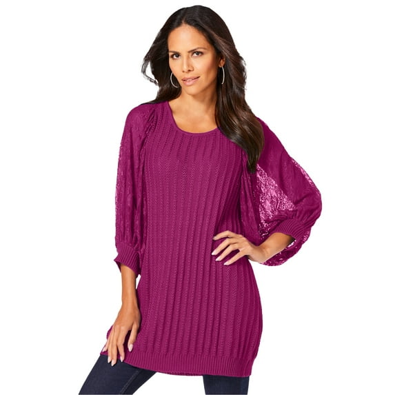 Roaman's Women's Plus Size Lace Sleeve Sweater