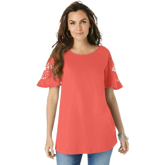 Roaman's Women's Plus Size Lace-Sleeve Tee