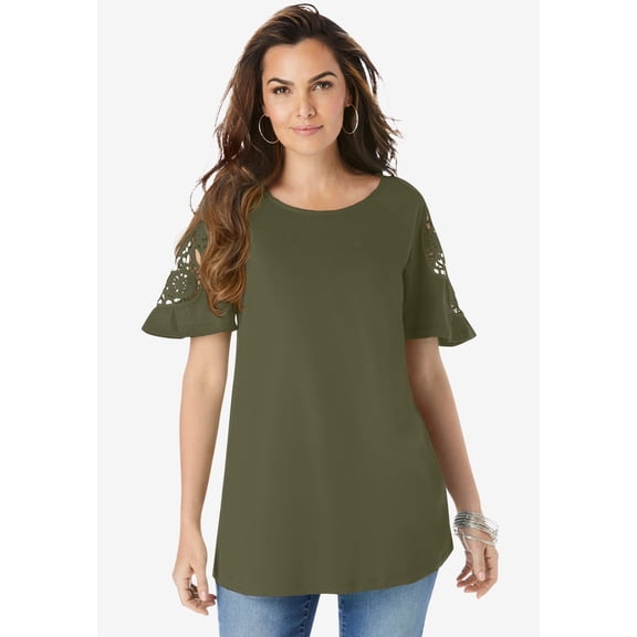 Roaman's Women's Plus Size Lace-Sleeve Tee