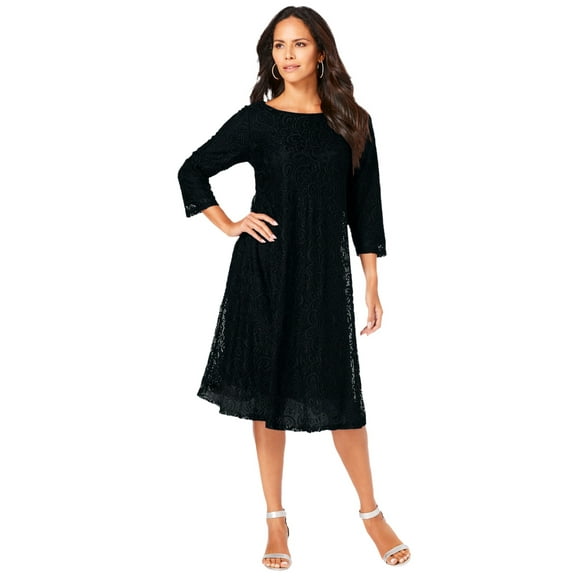 Roaman's Women's Plus Size Plus-Size 3/4 Sleeve Boatneck Lace Swing Dress
