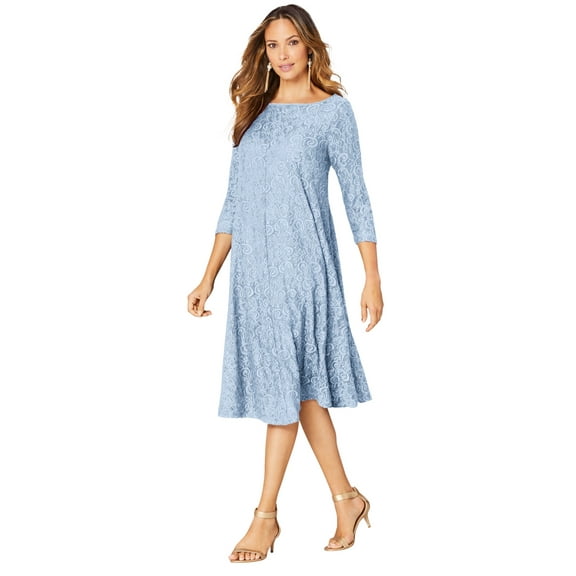 Roaman's Women's Plus Size Plus-Size 3/4 Sleeve Boatneck Lace Swing Dress