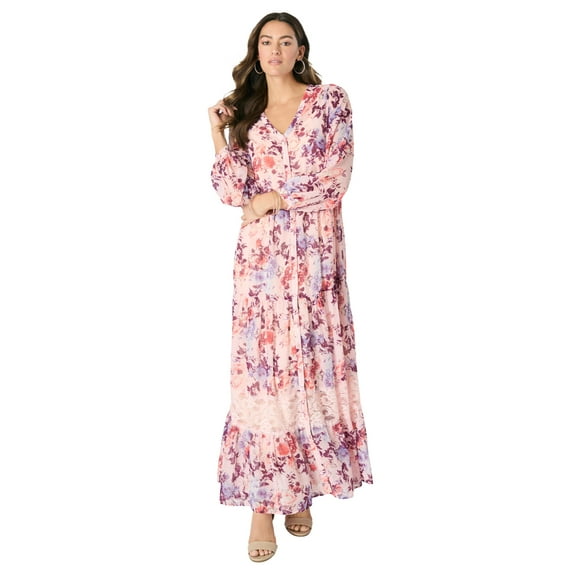 Roaman's Women's Plus Size Lace Tiered Maxi Dress