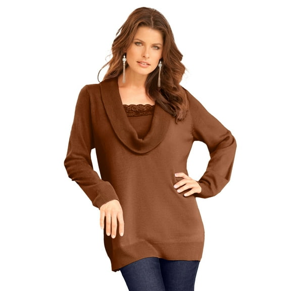 Roaman's Women's Plus Size Lightweight Cowl Neck Sweater With Lace Trim