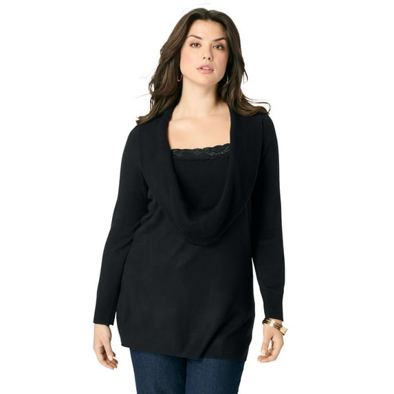 Roaman's Women's Plus Size Lightweight Cowl Neck Sweater With Lace Trim