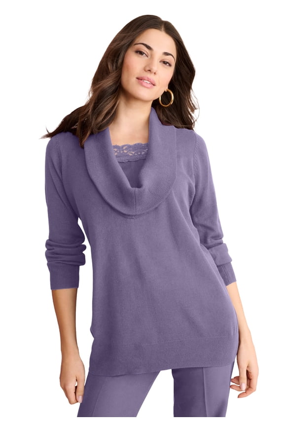 Women's Plus Size Lightweight Cowl Neck Sweater With Lace Trim