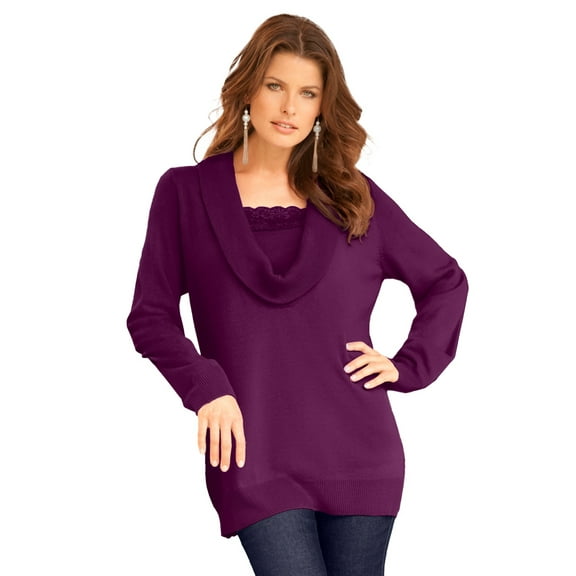 Roaman's Women's Plus Size Lightweight Cowl Neck Sweater With Lace Trim