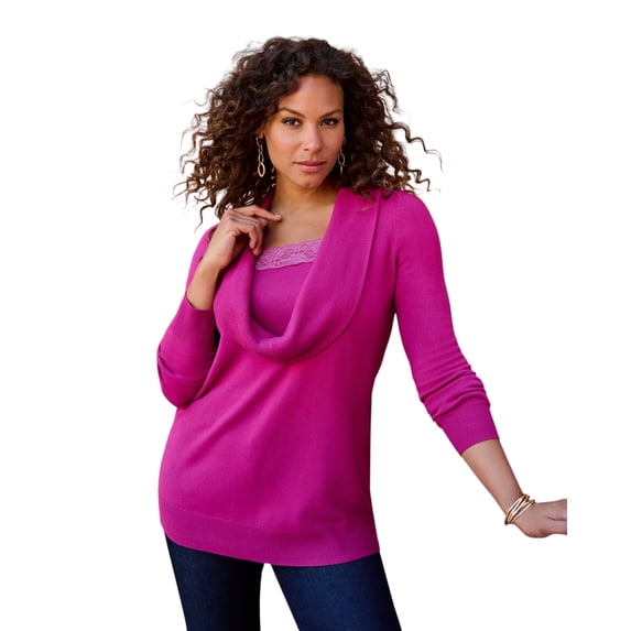 Roaman's Women's Plus Size Lightweight Cowl Neck Sweater With Lace Trim