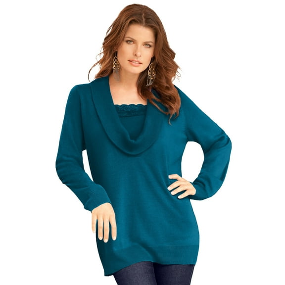 Roaman's Women's Plus Size Lightweight Cowl Neck Sweater With Lace Trim