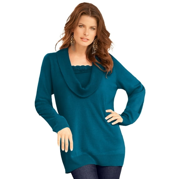 Roaman's Women's Plus Size Lightweight Cowl Neck Sweater With Lace Trim