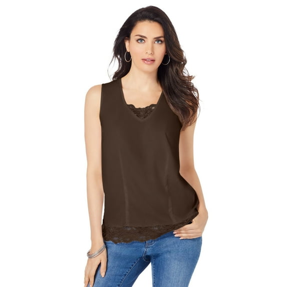 Roaman's Women's Plus Size Lace Trim Satin Tank