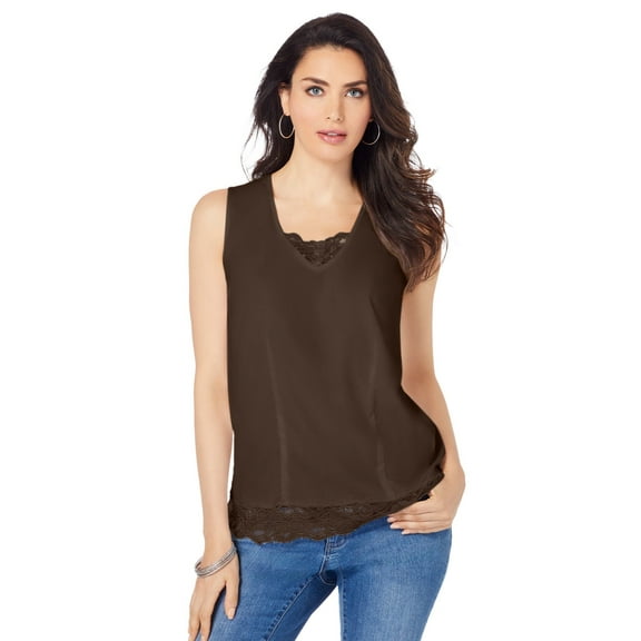 Roaman's Women's Plus Size Lace Trim Satin Tank