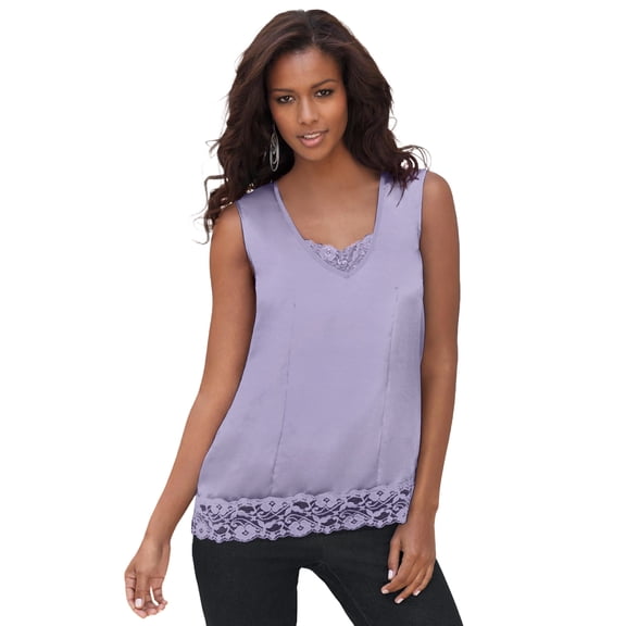 Roaman's Women's Plus Size Lace Trim Satin Tank