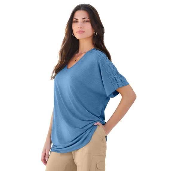 Roaman's Women's Plus Size Lace Trimmed Textured Tee