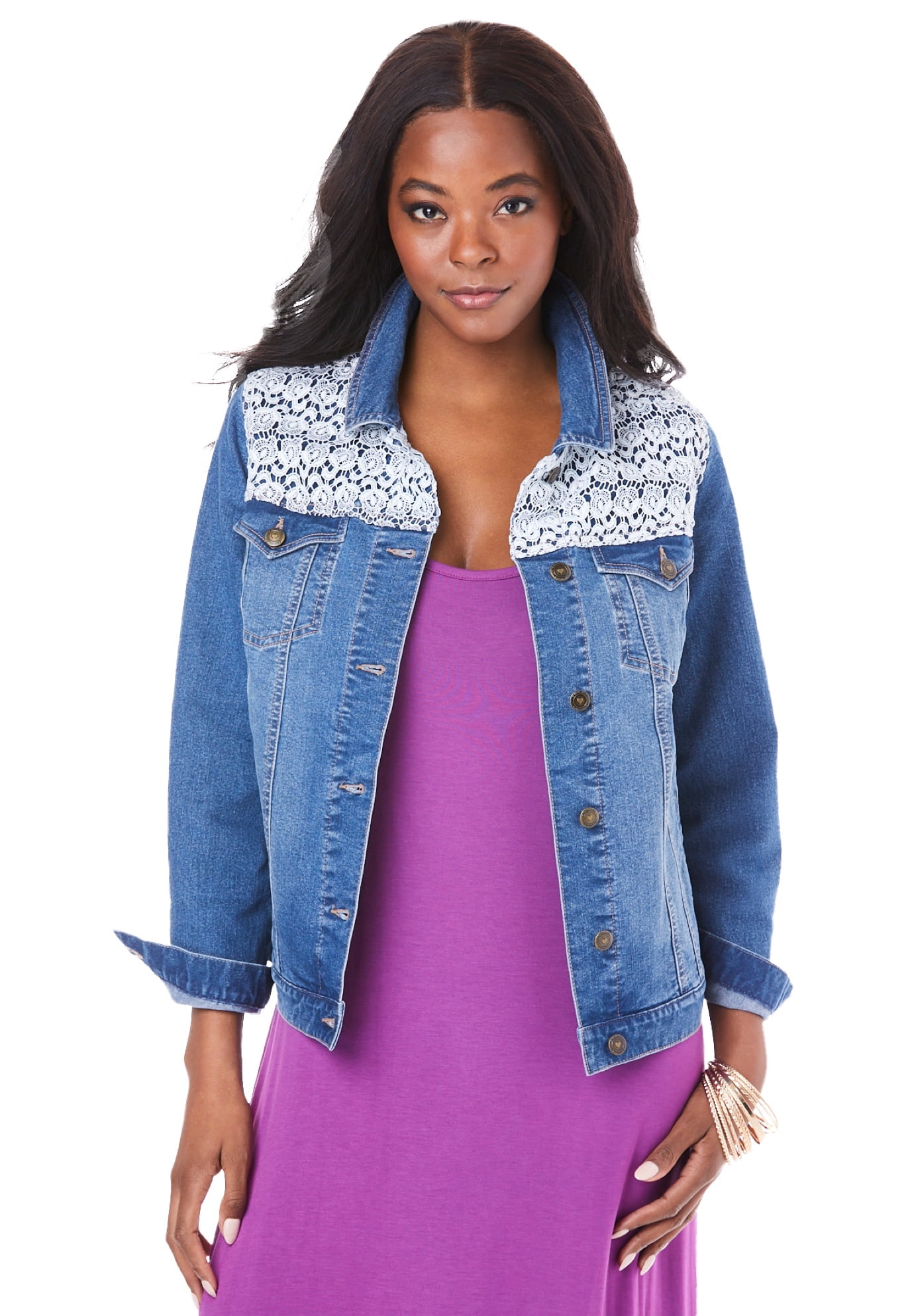 Roaman's Women's Plus Size Lace Yoke Denim Jacket