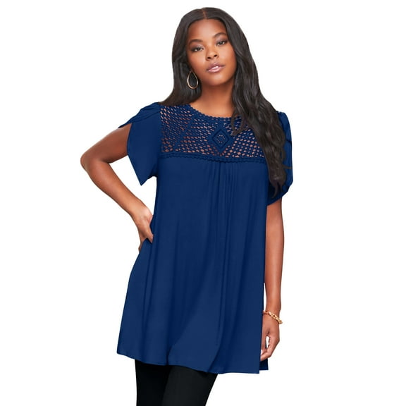 Roaman's Women's Plus Size Lace Yoke Pleated Tunic