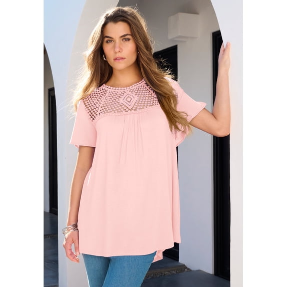 Roaman's Women's Plus Size Lace Yoke Pleated Tunic