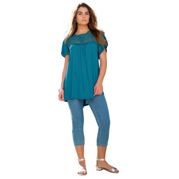 Roaman's Women's Plus Size Lace Yoke Pleated Tunic