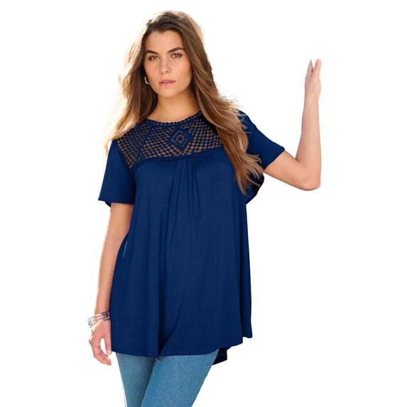 Roaman's Women's Plus Size Lace Yoke Pleated Tunic