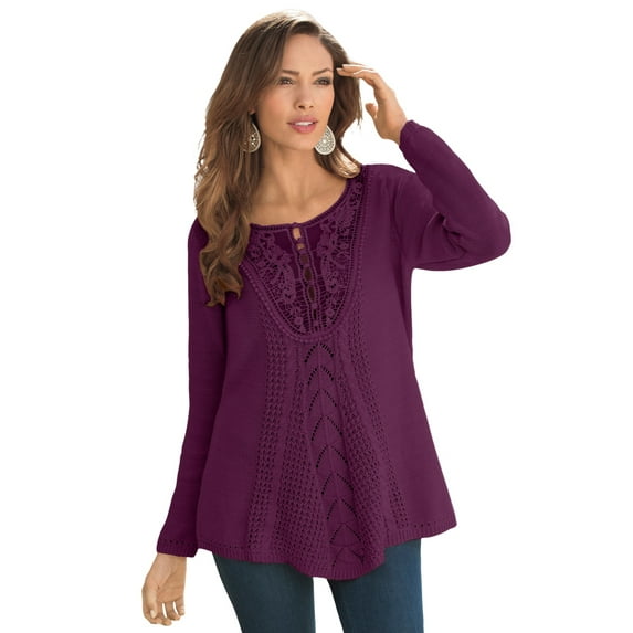 Roaman's Women's Plus Size Lace Yoke Pullover Sweater