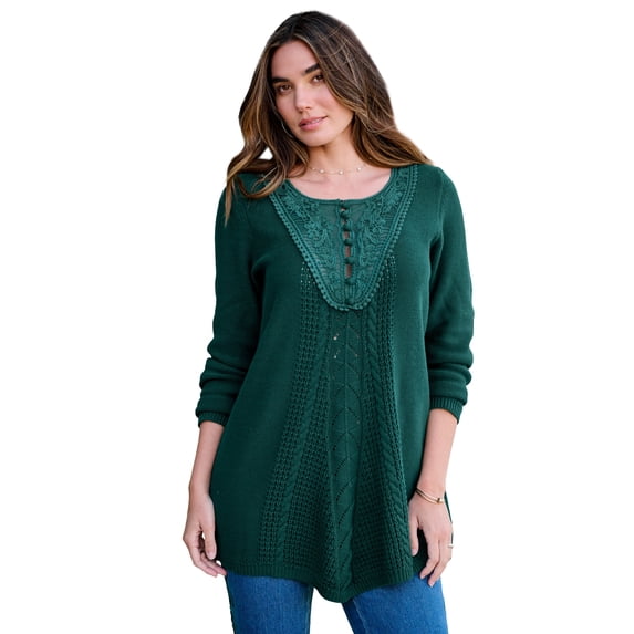 Roaman's Women's Plus Size Lace Yoke Pullover Sweater