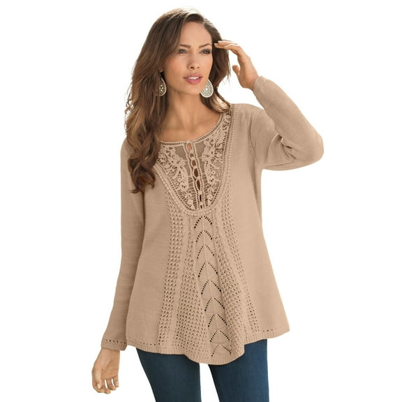 Roaman's Women's Plus Size Lace Yoke Pullover Sweater