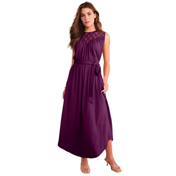Roaman's Women's Plus Size Lace Yoke Sleeveless Maxi Dress