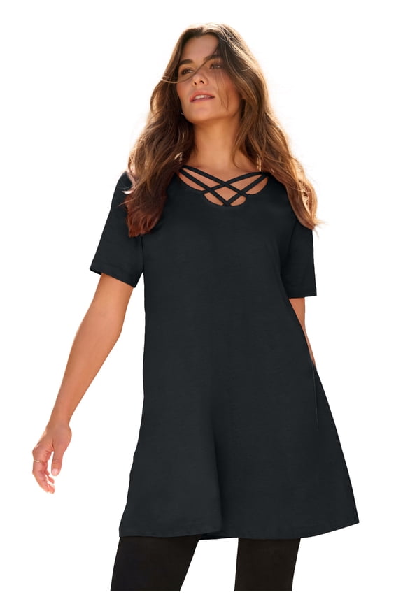 Women's Plus Size Ultimate Lattice Neck Short Sleeve Tunic
