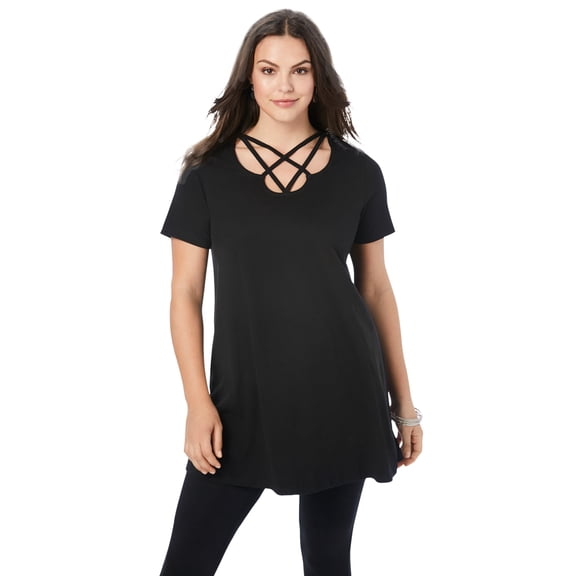 Roaman's Women's Plus Size Ultimate Lattice Neck Short Sleeve Tunic
