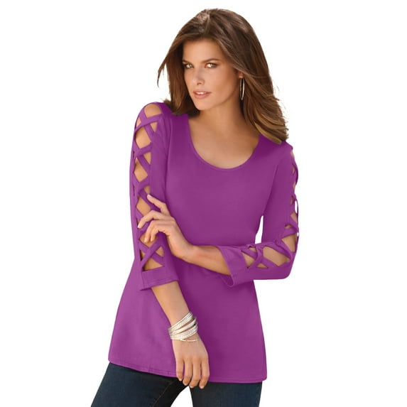 Roaman's Women's Plus Size Lattice-Sleeve Ultimate Tee