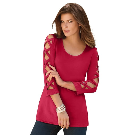 Roaman's Women's Plus Size Ultimate Lattice Sleeve Tee