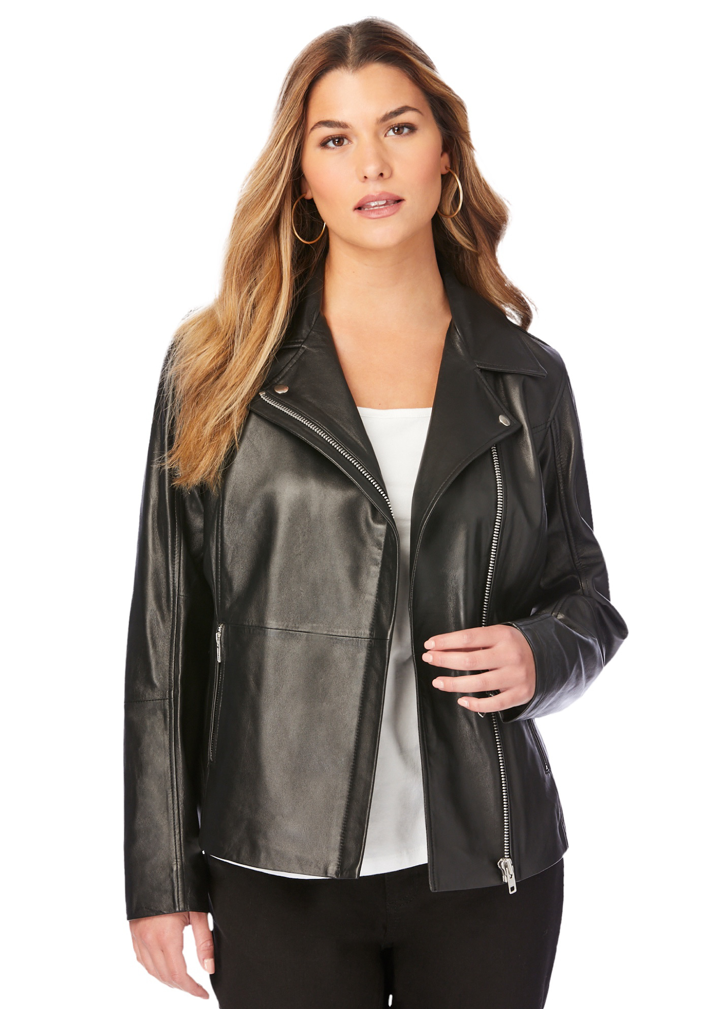 Roaman's Women's Plus Size Leather Moto Jacket Motorcycle Zip - Walmart.com