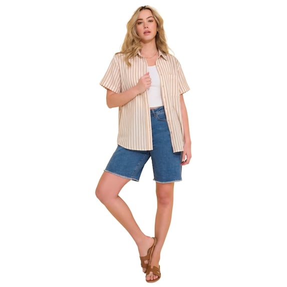 Roaman's Women's Plus Size Linen-Blend Short Sleeve Button-Front Shirt